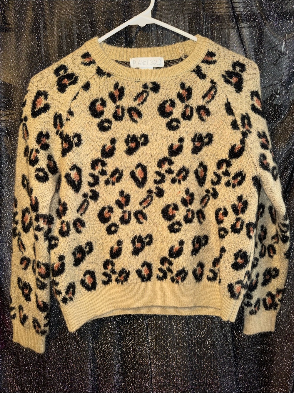 Planet Gold Leopard-Print Crewneck Sweater in Beige, Black & Tan